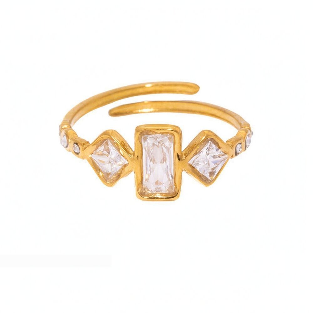 Bagues Pour Femmes Luxueuses Et Simples, Rectangulaires, En Acier Inoxydable, Imperméables, Couleur Or, Serties De Zircon Et Ornées De Motifs Patchwork.