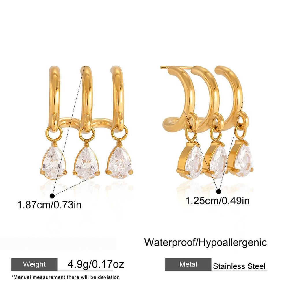 Luxurious Elegant Droplet Stainless Steel Waterproof Gold Color Zircon Women's Drop Earrings