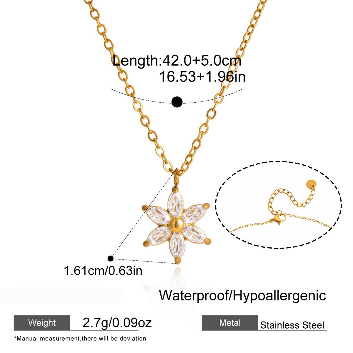 Simple Elegant Flower Stainless Steel Waterproof   Gold Color  Zircon Women's Pendant Necklaces h5 