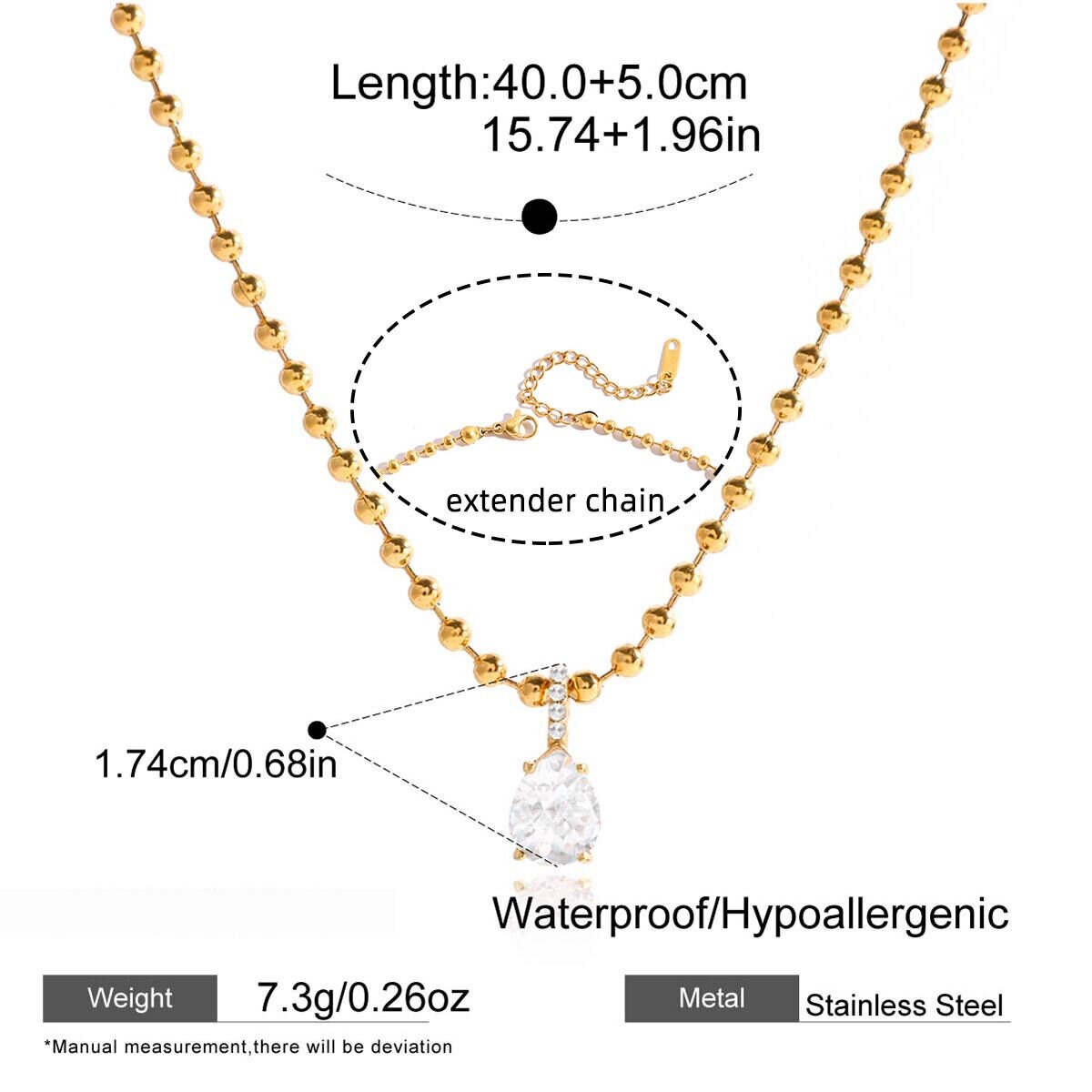 Simple Droplet Chain Stainless Steel Waterproof Gold Color Zircon Women's Pendant Necklaces 