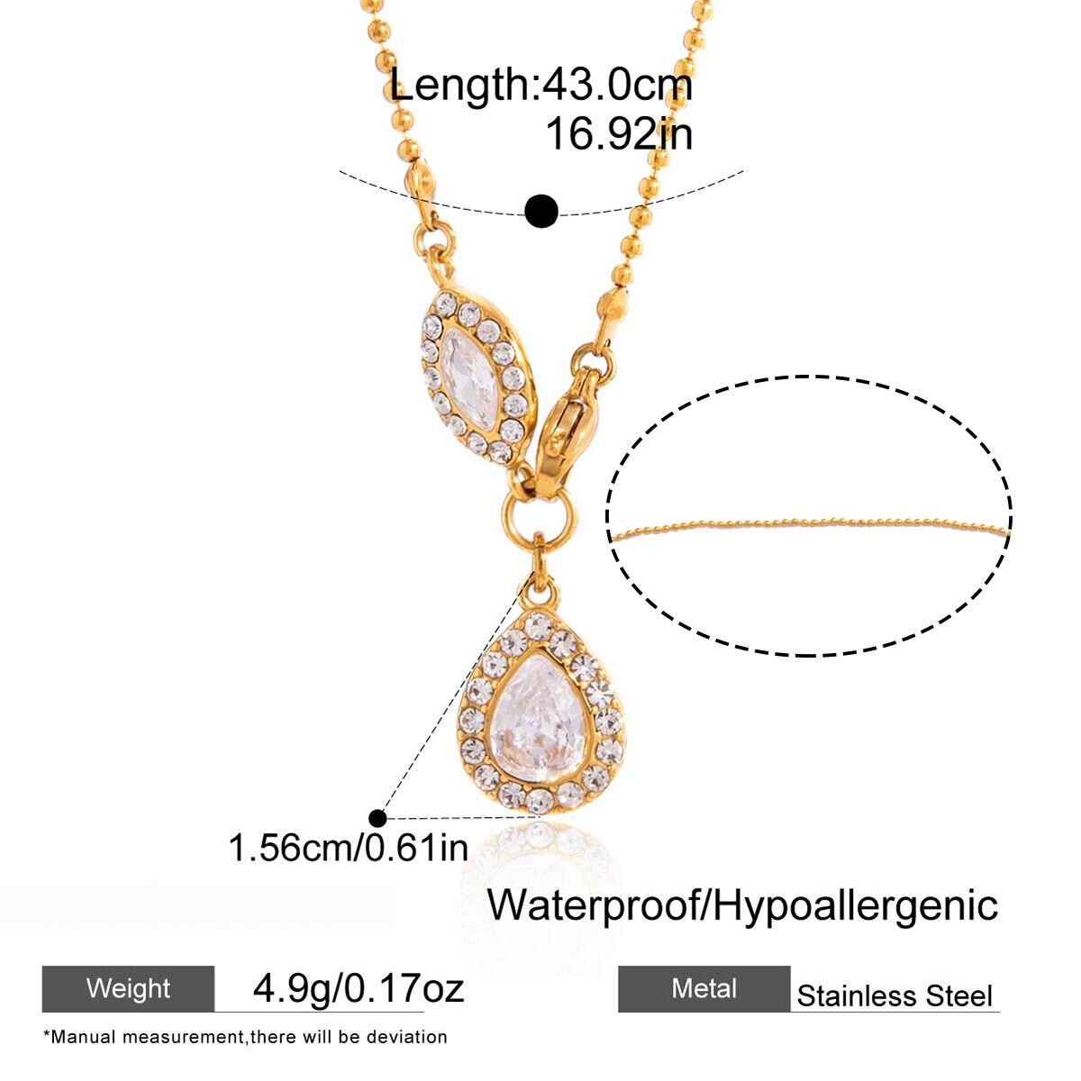Simple Droplet Stainless Steel Waterproof Gold Color Zircon Women's Pendant Necklaces h5 
