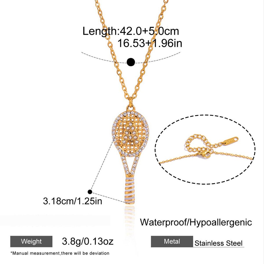 Tennis Racket Shape Stainless Steel Waterproof Gold Color Zircon Women's Pendant Necklaces