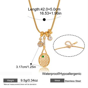 Tennis Racket Shape Stainless Steel Waterproof Gold Color Zircon Women's Pendant Necklaces h5