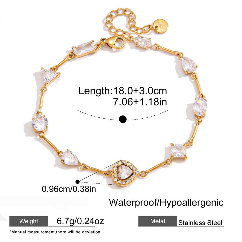 Simple Heart Stainless Steel Waterproof Gold Color Zircon Women's Charm Bracelets