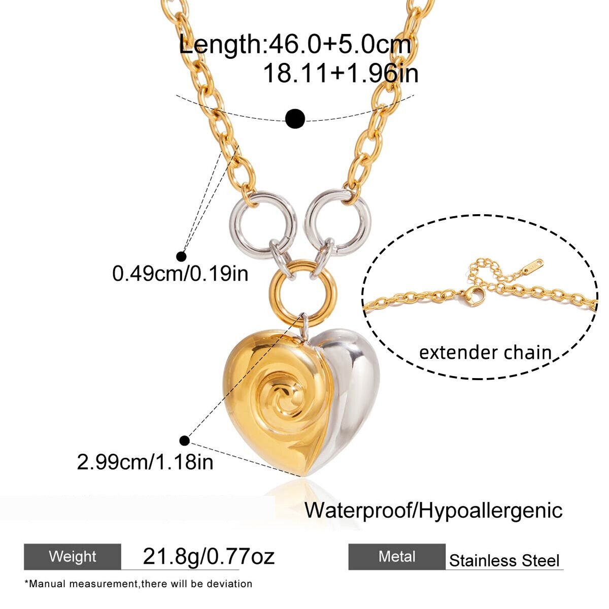 Simple Heart Mixed Gold & Silver Color Stainless Steel Waterproof Women's Necklaces Sets 