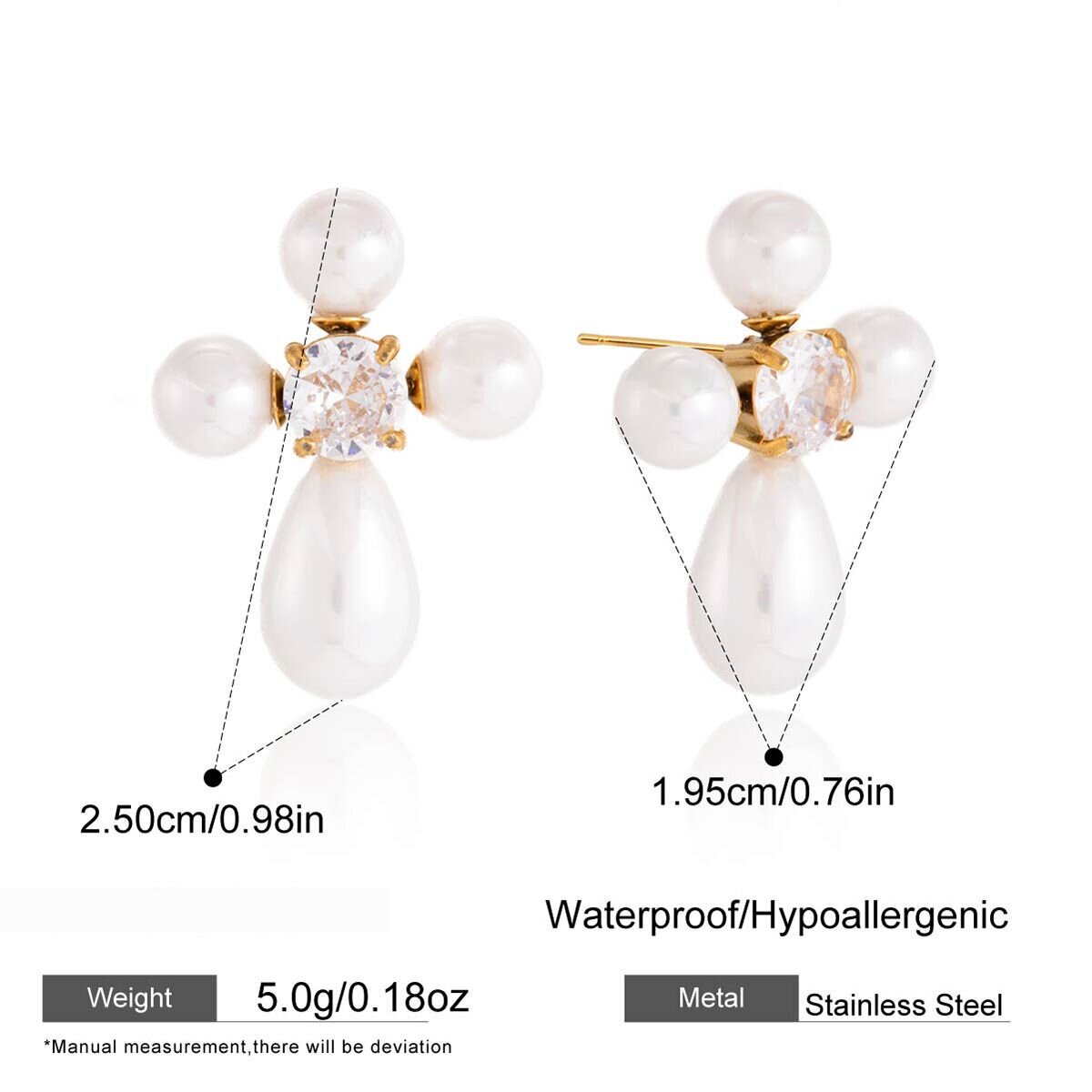 Elegantes Pendientes De Botón Para Mujer Con Forma De Cruz, De Acero Inoxidable, Impermeables Y De Color Dorado, Con Perlas Artificiales. 