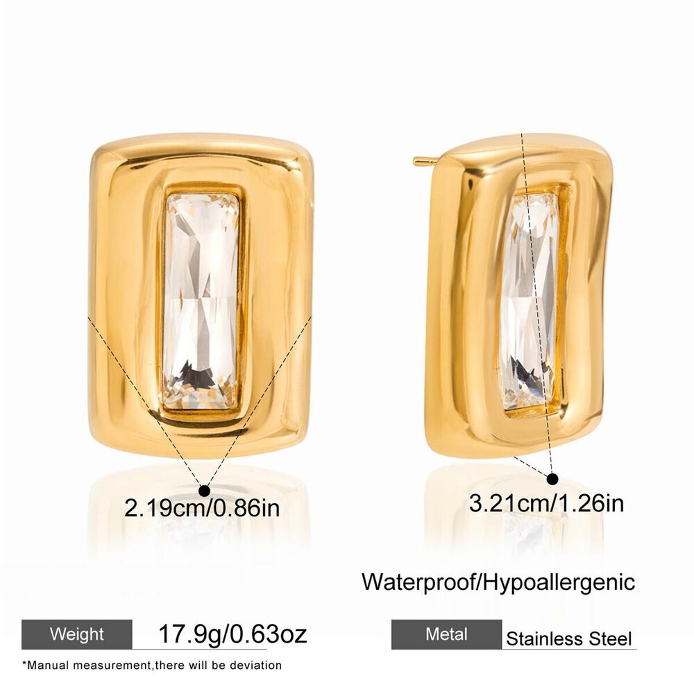 Simple Rectangle Stainless Steel Waterproof Gold Color Zircon Women's Stud Earrings