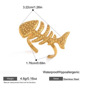 Ozeanischer Stil, Fischform, Edelstahl, Wasserdicht, Goldfarben, Strass-Statement-Ringe h5