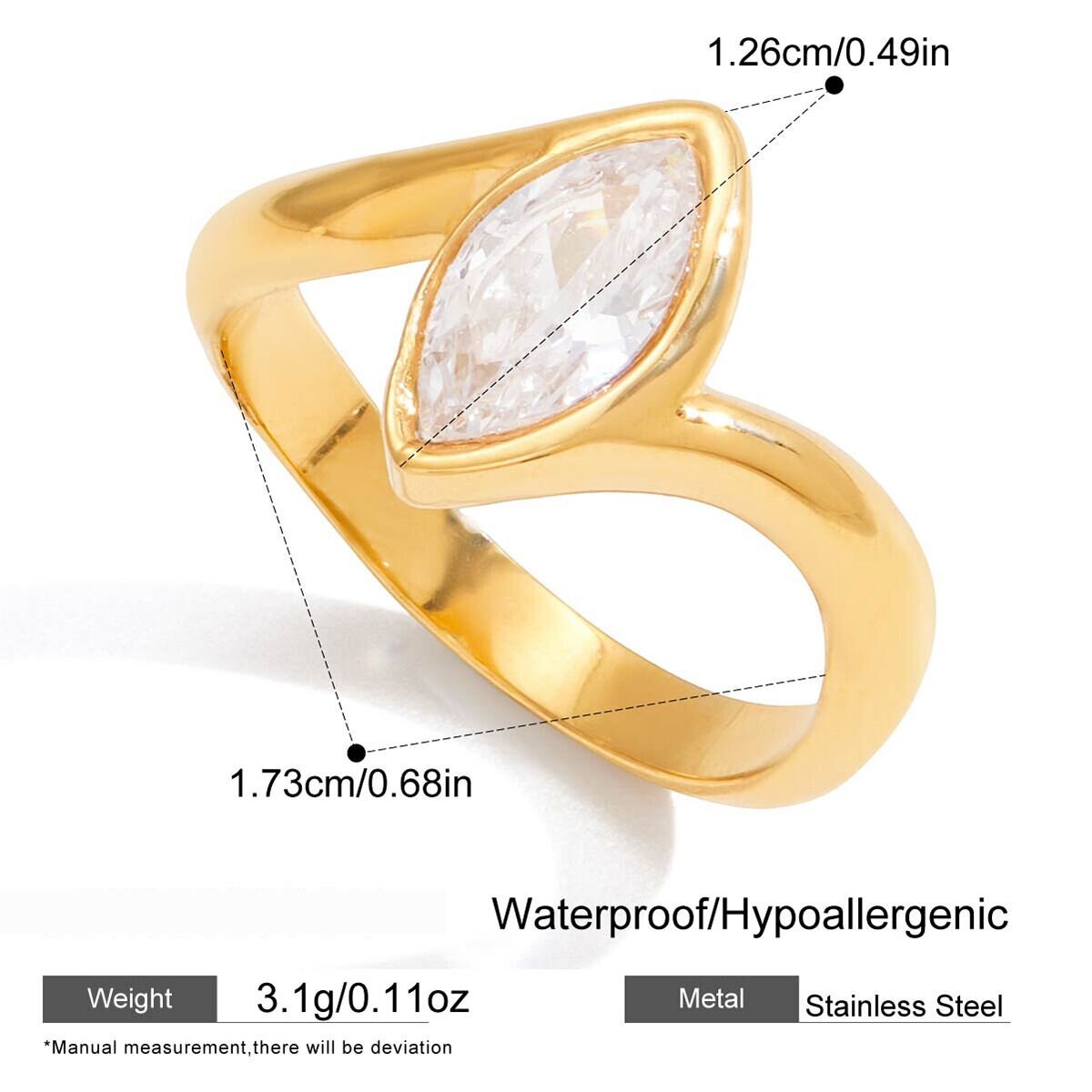 Simple Irregular Shape Stainless Steel Waterproof Gold Color Zircon Statement Rings h5 