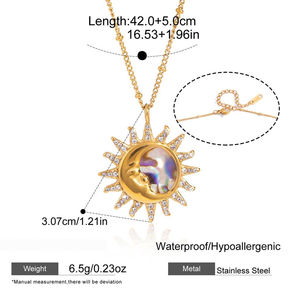 Retro Sun Moon Stainless Steel Waterproof Gold Color Rhinestone Shell Women's Pendant Necklaces