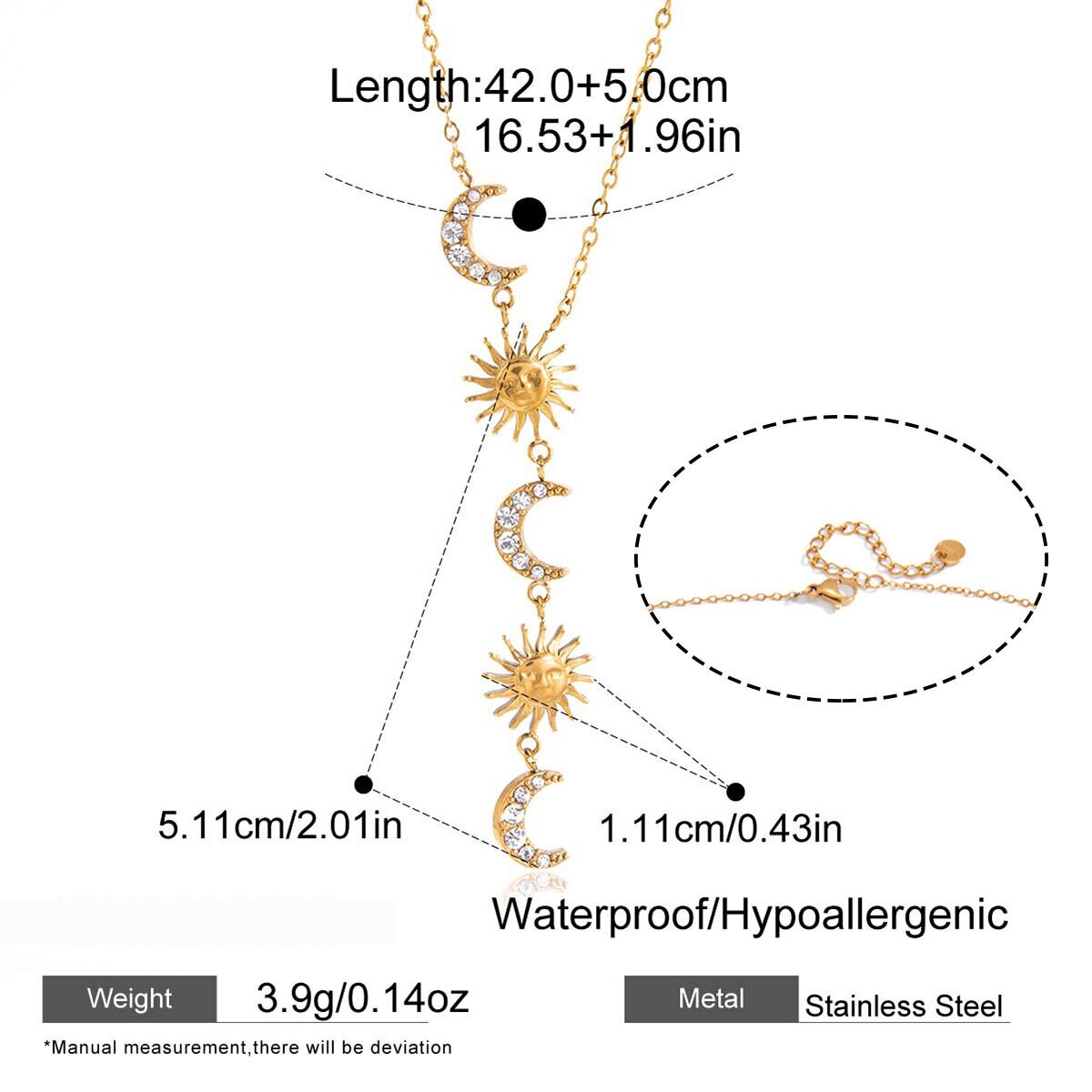 Sun & Moon Y-Shape Stainless Steel Waterproof Gold Color Rhinestone Women's Pendant Necklaces h5 