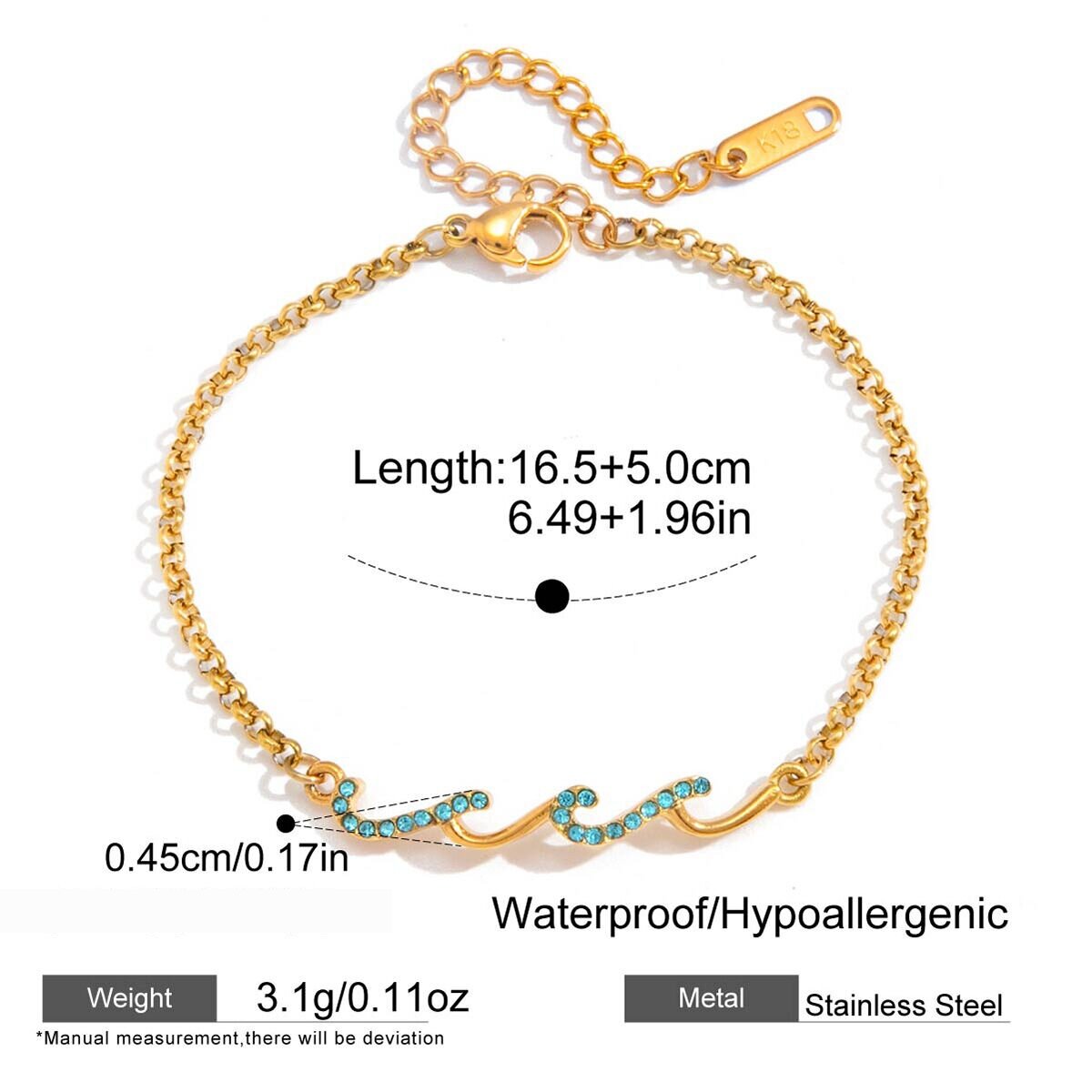 Simple Irregular Shape Stainless Steel Waterproof Gold Color Blue Rhinestone Women's Chain Bracelets h5 