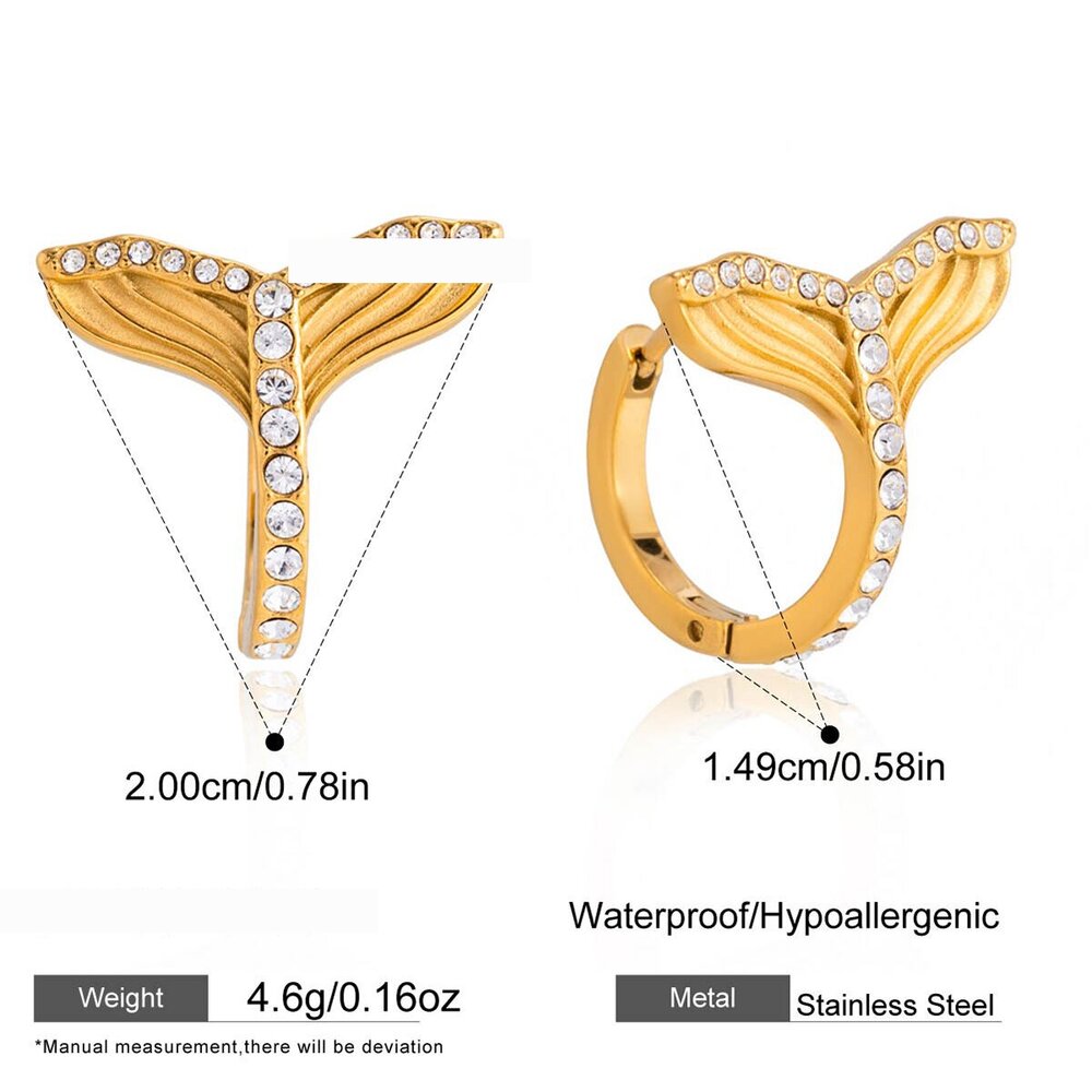 Vacation Fish Tail Shape Stainless Steel Waterproof Gold Color Rhinestone Women's Hoop Earrings