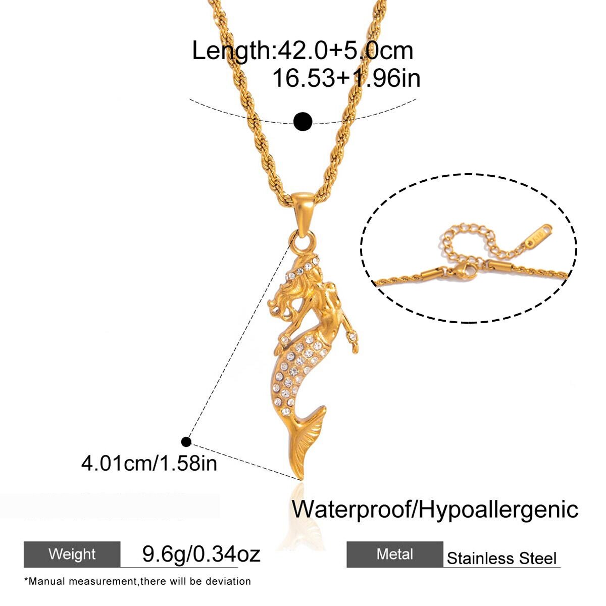 Vacation Mermaid Stainless Steel Waterproof Gold Color Zircon Women's Pendant Necklaces 