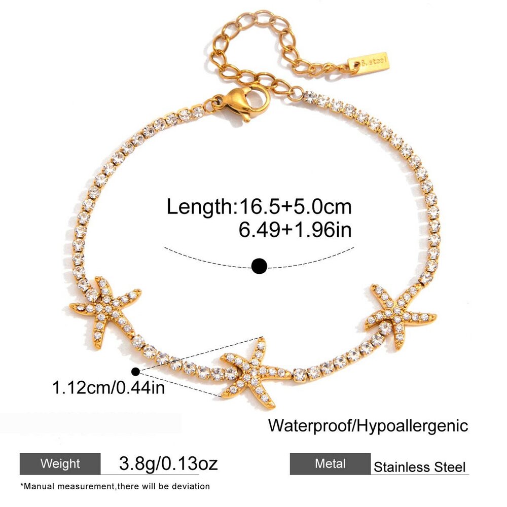 Bracciale Da Donna A Catena In Acciaio Inossidabile Color Oro Impermeabile Con Stelle Marine E Zirconi, Ideale Per Le Vacanze.