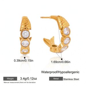 Fish Shape Stainless Steel Waterproof Gold Color Zircon Women's Stud Earrings h5
