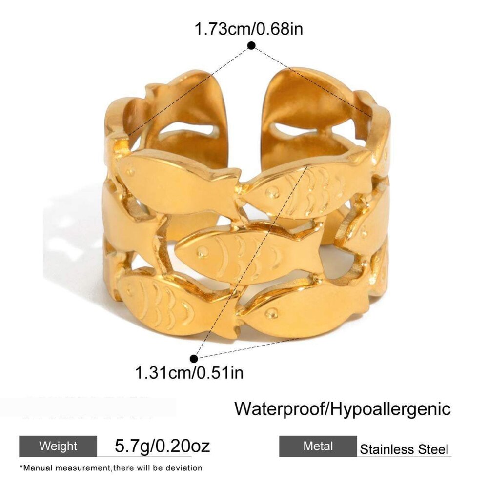 Vacation Fish Shape Stainless Steel Waterproof Gold Color Statement Rings