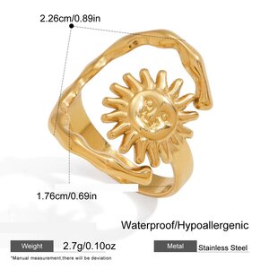 Retro Sun Shape Stainless Steel Waterproof Gold Color Statement Rings h5