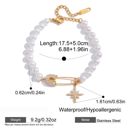 Classic Pearl Beads Star Stainless Steel Waterproof Gold Color Women's Beaded Bracelets