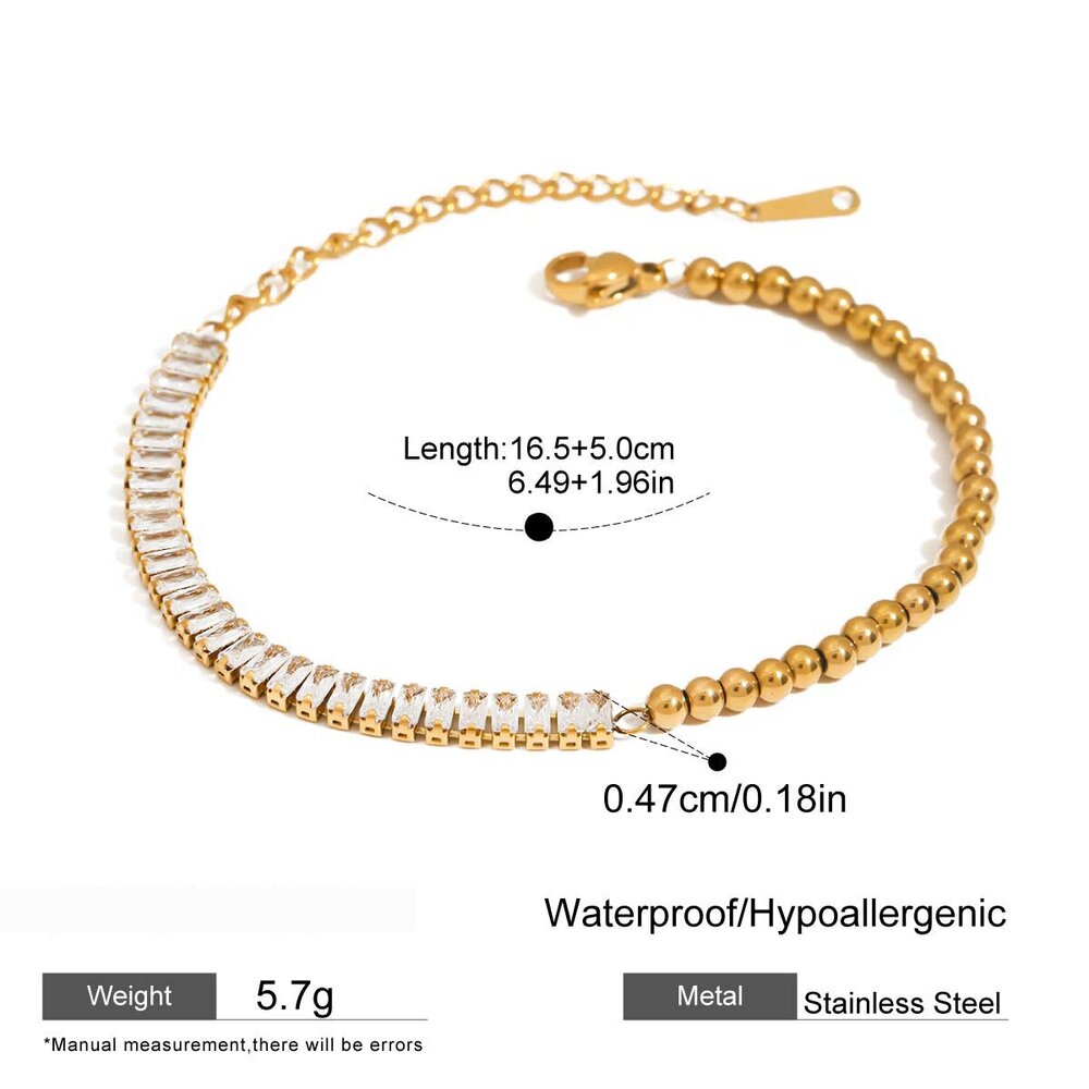 Luxuriöses, Schlichtes Perlenarmband Aus Edelstahl, Wasserdicht, Goldfarben, Mit Zirkonia Besetzt