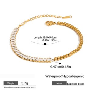 Luxuriöses, Schlichtes Perlenarmband Aus Edelstahl, Wasserdicht, Goldfarben, Mit Zirkonia Besetzt h5