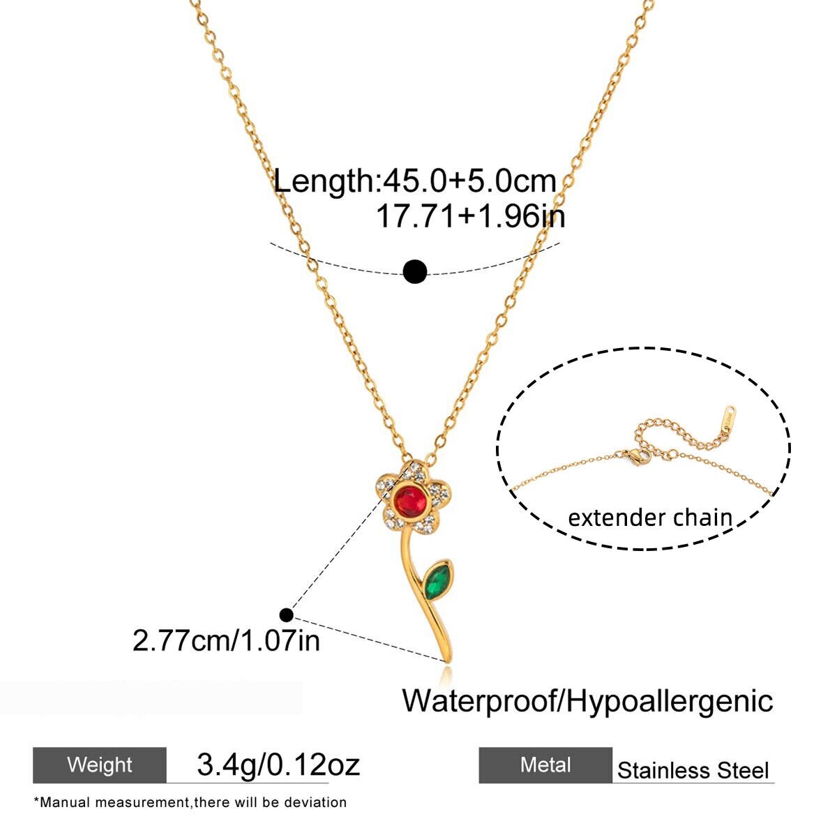 Romantic Sweet Rose Stainless Steel Waterproof Gold Color Rhinestone Women's Pendant Necklaces h5 