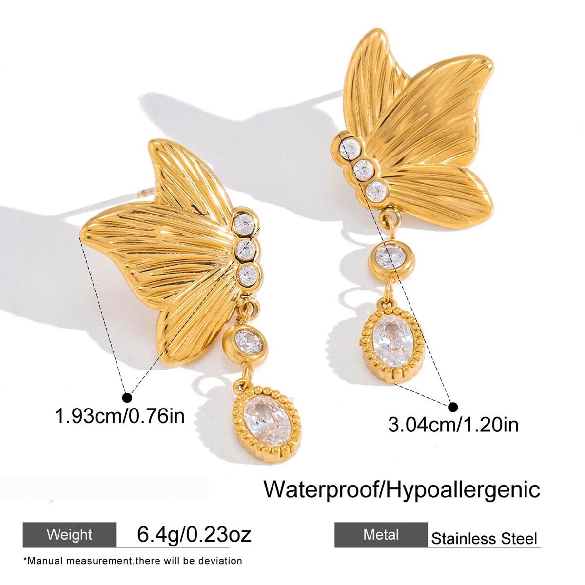 Romantic Butterfly Stainless Steel Waterproof Gold Color Zircon Women's Stud Earrings 