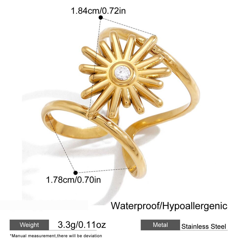 Retro Sun Stainless Steel Gold Color Zircon Waterproof&Anti-Tarnish Statement Rings h5Picture2