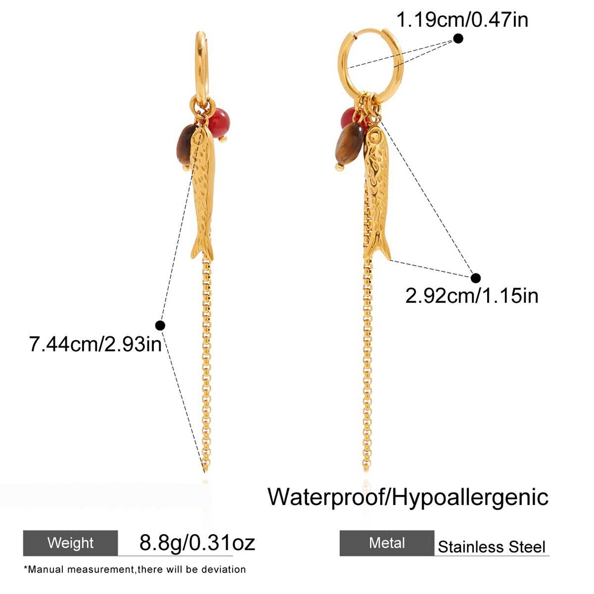 Vintage Chain Fish Stainless Steel Gold Color Waterproof&Anti-Tarnish Women's Drop Earrings h5 Picture2