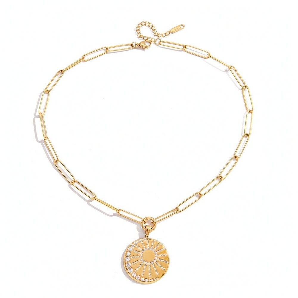 Daily Understated Sun Circle Stainless Steel Gold Color Waterproof&Anti-Tarnish Women's Pendant Necklaces