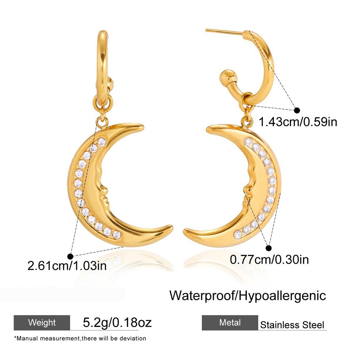 Classic Moon Stainless Steel Gold Color Waterproof&Anti-Tarnish Women's Drop Earrings h5 Picture2