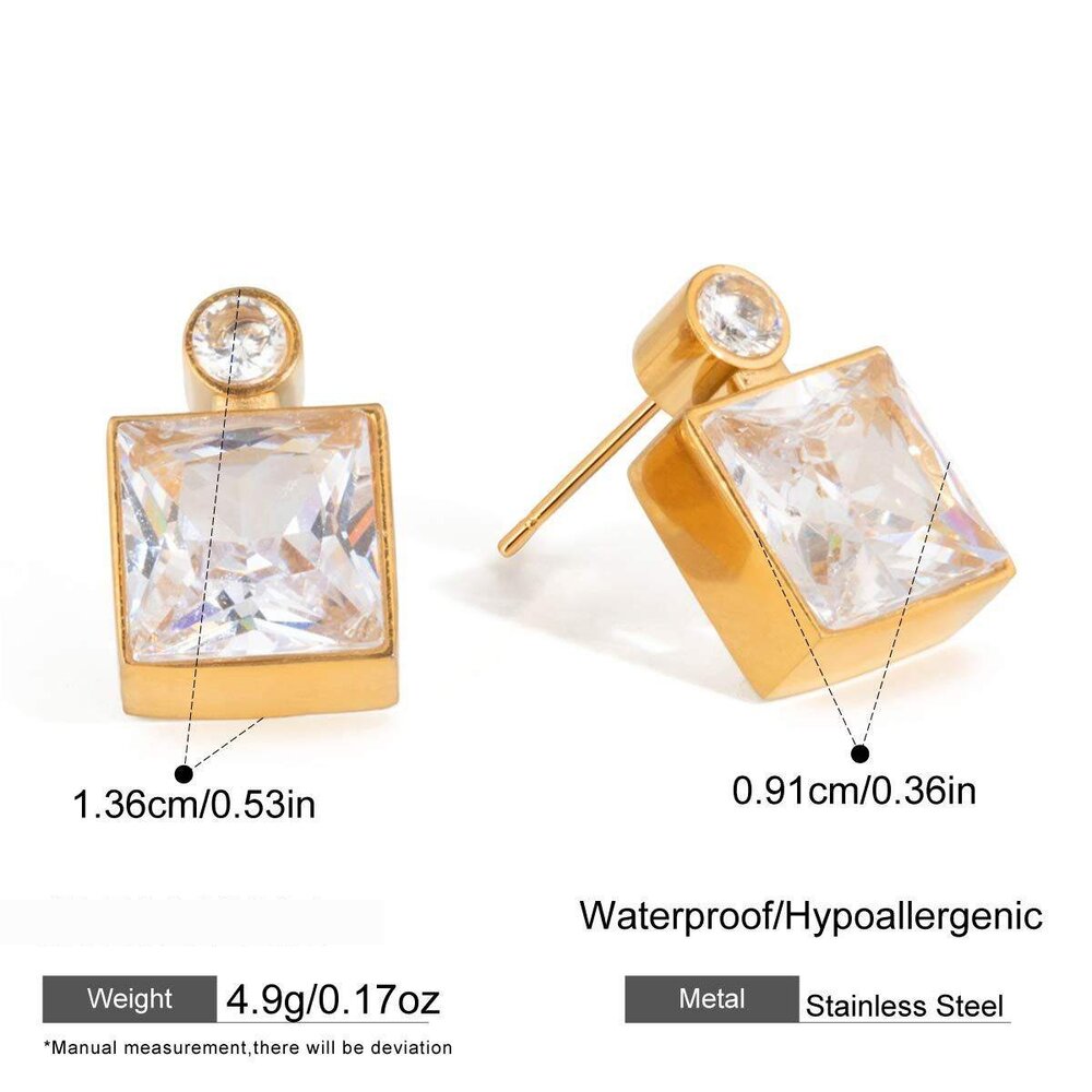 Simple Square Stainless Steel Gold Color Zircon Waterproof&Anti-Tarnish Women's Stud Earrings Picture2