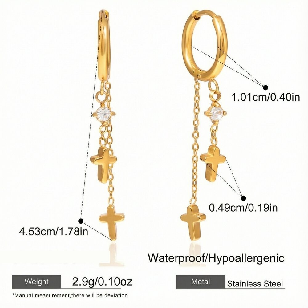 Exquisite Cross Tassel Moon Stainless Steel Gold Color Waterproof&Anti-Tarnish Women's Dangle Earrings Picture2
