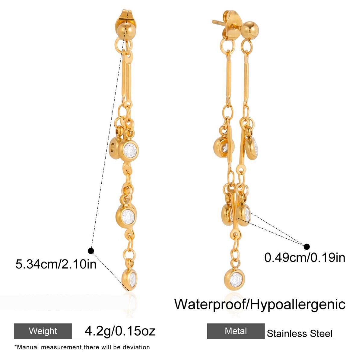 Exquisite Tassel Stainless Steel Waterproof&Anti-Tarnish Gold Color Zircon Women's Party Earrings Picture2
