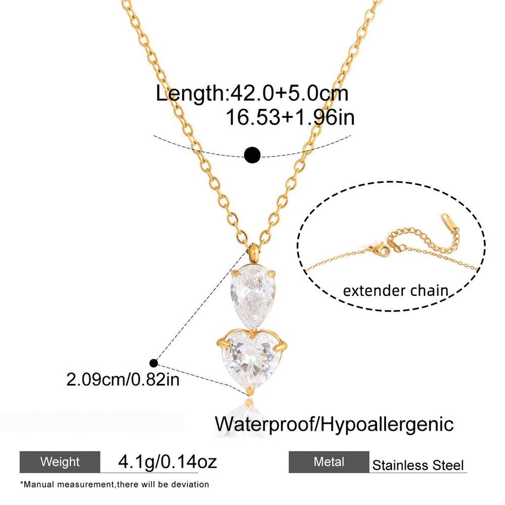 Refined Detailing Droplet&Heart Zircon Stainless Steel Waterproof Gold Color Women's Pendant Necklaces Picture2