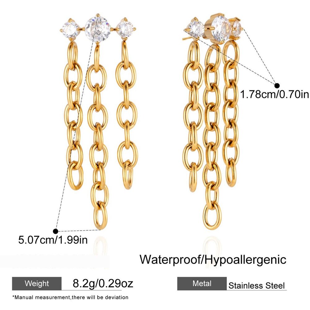 Lightweight Tassel Lines Stainless Steel Waterproof&Anti-Tarnish Gold Color Zircon Women's Dangle Earrings Picture2