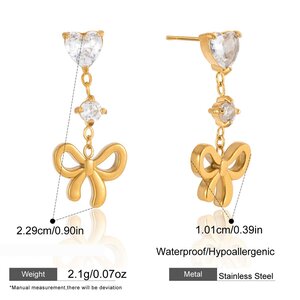 Cute Bow Knot Tassel Stainless Steel Waterproof&Anti-Tarnish Gold Color Zircon Women's Dangle Earrings h5 Picture2
