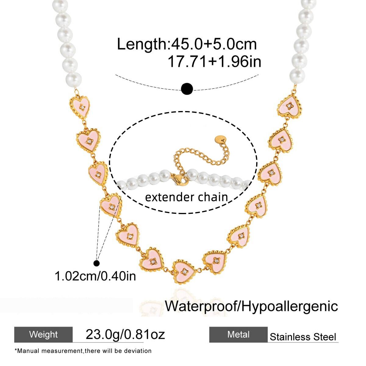 Charming Pink Heart Stainless Steel Waterproof&Anti-Tarnish Gold Color Women's Beaded Necklaces h5 Picture2