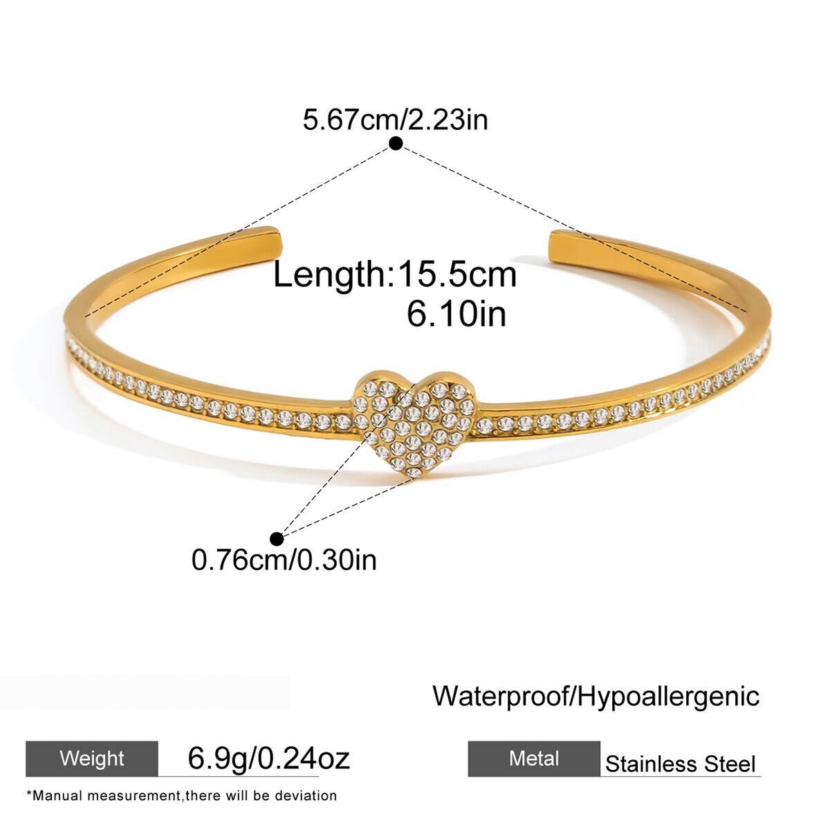 Delicate Heart Stainless Steel Waterproof&Anti-Tarnish Gold Color Women's Cuff Bracelets h5 Picture2