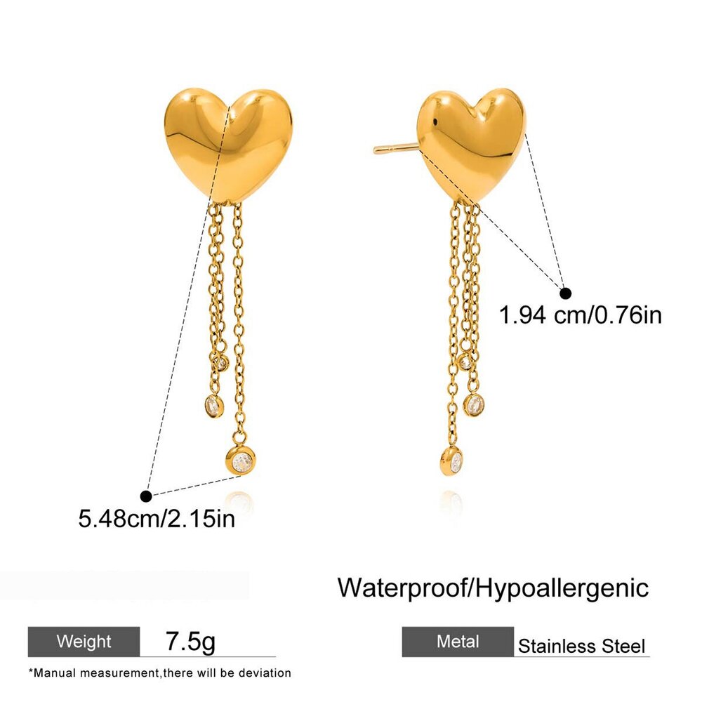 Elegant Heart Tassel Stainless Steel Waterproof&Anti-Tarnish Gold Color Women's Dangle Earrings Picture2