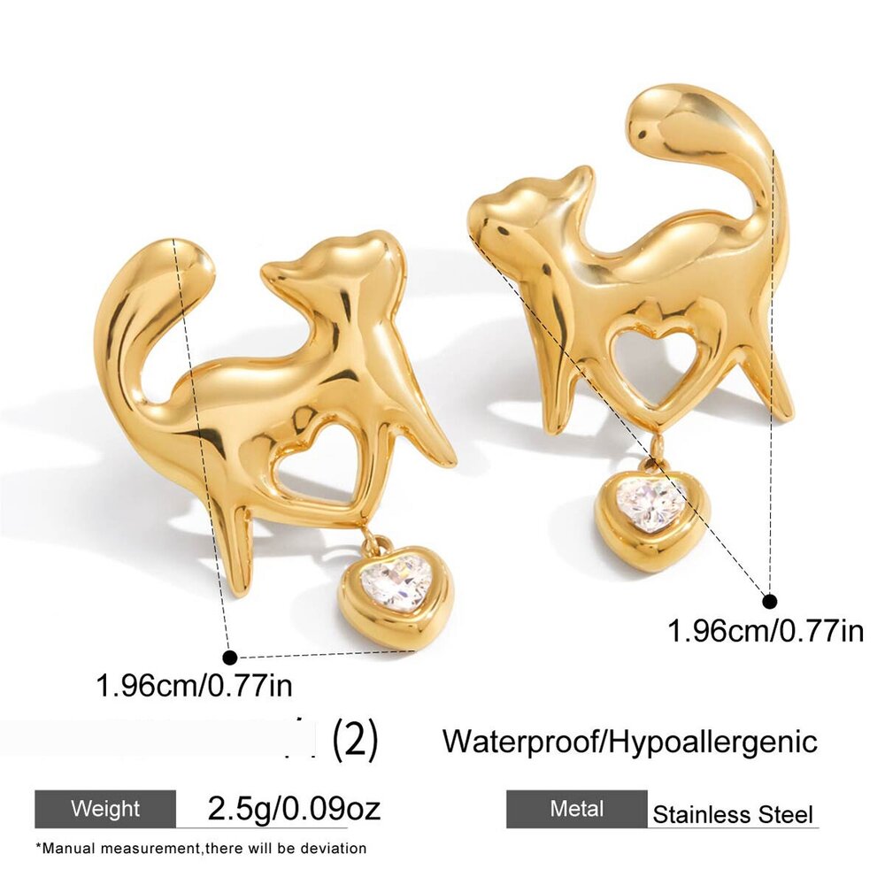 Designable Cat Zircon Stainless Steel Waterproof&Anti-Tarnish Gold Color Women's Drop Earrings Picture2