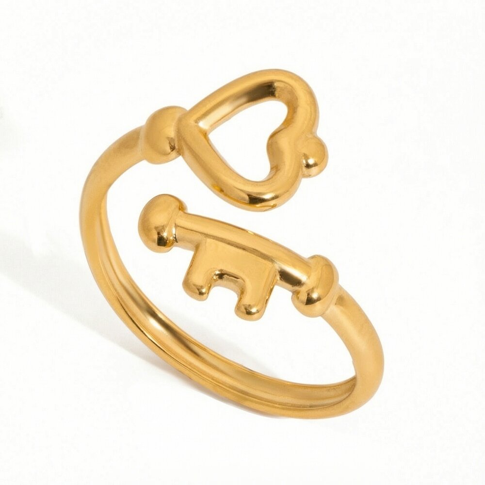 Designable Heart Key Stainless Steel Waterproof&Anti-Tarnish Gold Color Statement Rings