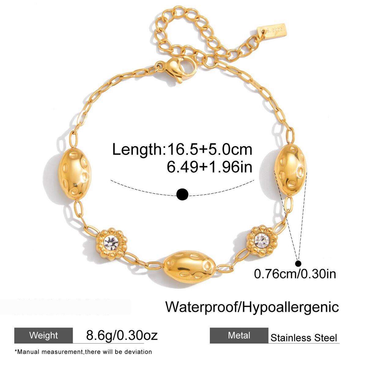Hammered Texture Oval Stainless Steel Waterproof&Anti-Tarnish Gold Color Women's Charm Bracelets Picture2