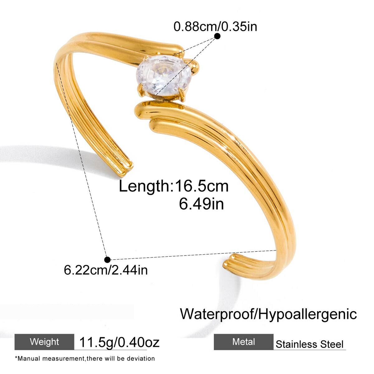 Sparkling Curve Shape Stainless Steel Waterproof Gold Color Zircon Women's Cuff Bracelets h5 