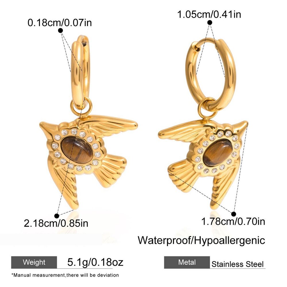 Zartes Schmuckset Für Damen Aus Edelstahl Mit Vogelmotiv, Wasserfest, Goldfarben, Aus Naturstein. h5Bild2