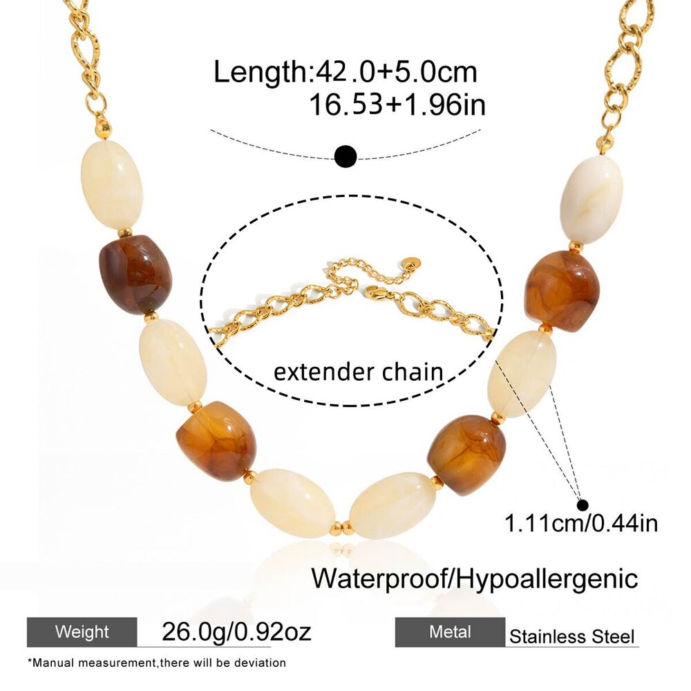 Retro Irregular Shape Resin Stainless Steel Waterproof Gold Color Women's Beaded Necklaces Picture2