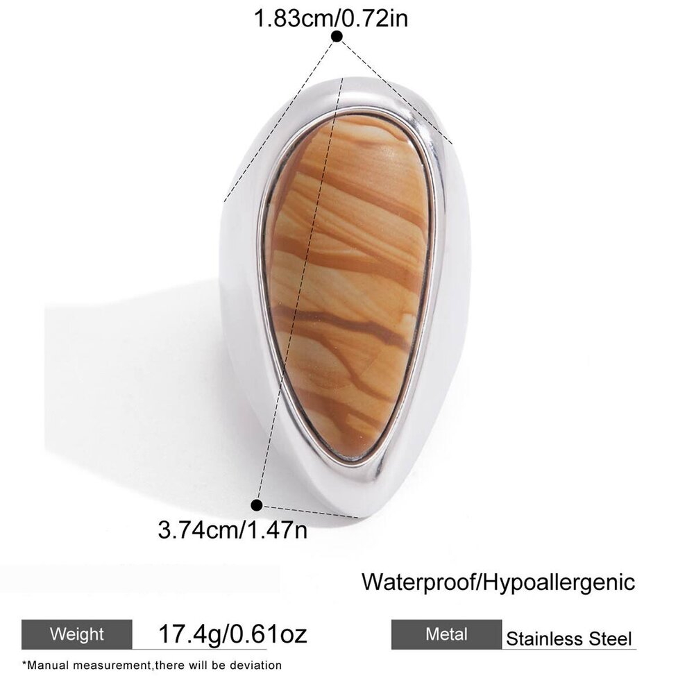 Casual Textured Natural Stone Droplet Stainless Steel Waterproof Silver Color Statement Rings h5Picture2