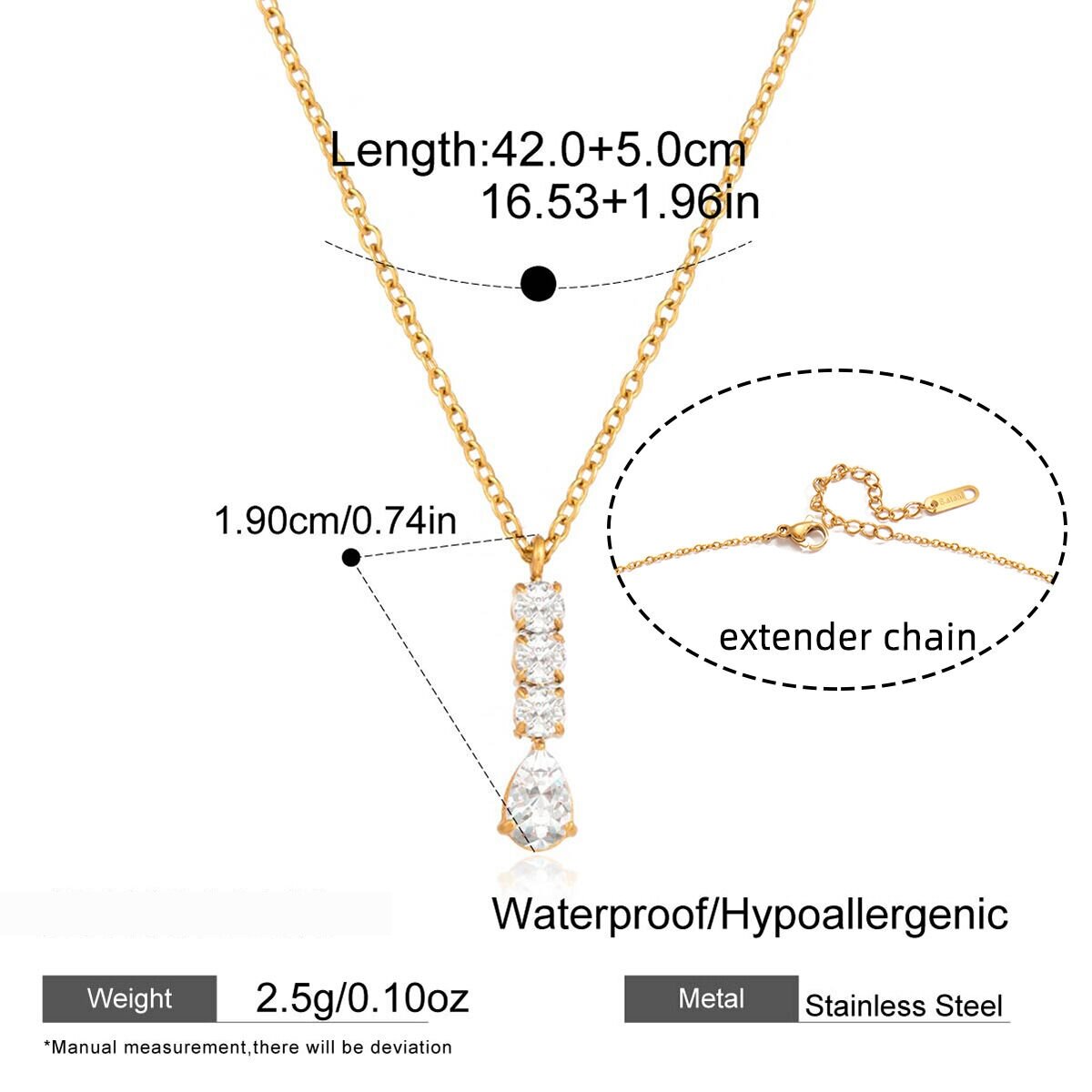 1 Piece Brilliant Droplet Zircon Stainless Steel Waterproof Gold Color Women's Pendant Necklaces h5 Picture2