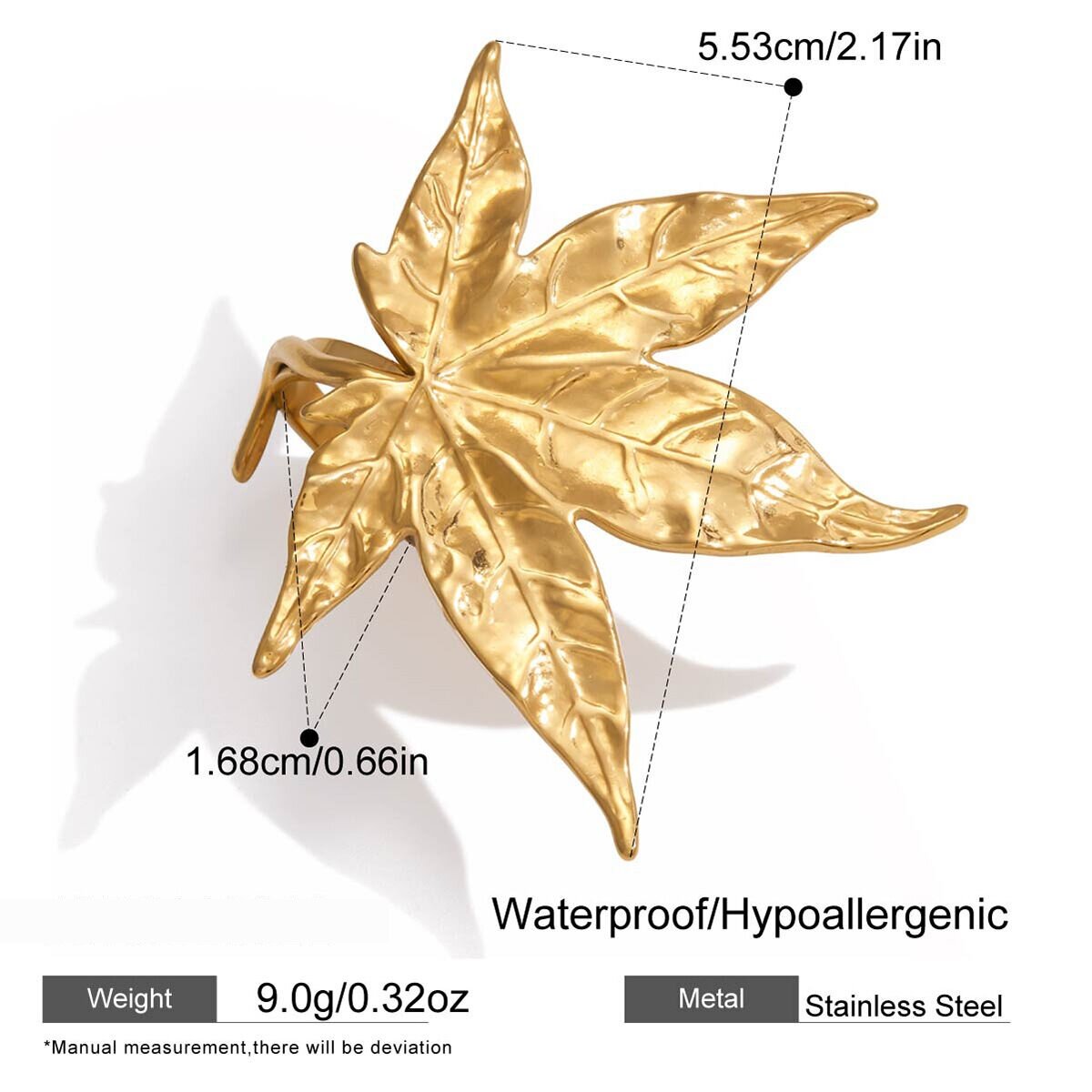 1 Piece Natural Maple Leaf Stainless Steel Waterproof Gold Color Statement Rings Picture2