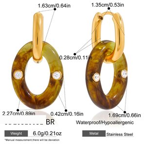 1 Par De Pendientes Vintage De Resina Ovalados De Acero Inoxidable, Resistentes Al Agua, Color Dorado, Para Mujer h5 Imagen2
